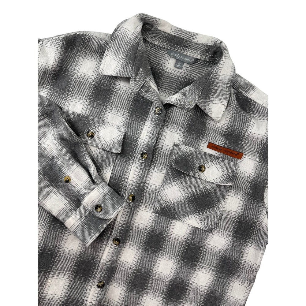 Simply Southern Grey White Plaid Shacket Button Down Shirt Womens Medium M